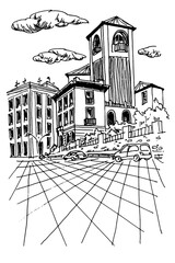 Vector sketch of street scene in Rome, Italy.