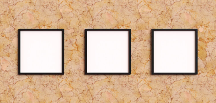 Black picture frames square shapes gallery marble wall. Blank Mockup