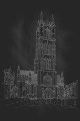 Vector sketch of the Saint Bavo Cathedral (Sint-Baafs Cathedral) in Ghent, Belgium.