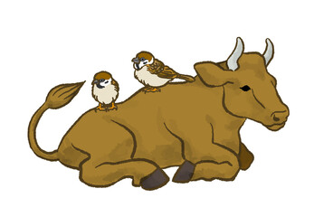 雀を背に乗せた寝そべる牛 - 年賀状素材　2021年　丑年