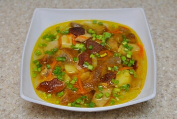 Wonderful mushroom soup of fresh mushrooms potatoes greens in a white deep plate on an artificial stone table for dinner