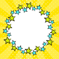 Festive bright round frame made from casually hand-drawn stars. Yellow Template for children's holiday, party, diploma, greeting card. Vector illustration in pop art style.