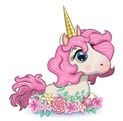 Magic cute unicorn, stars, clouds and moon poster, greeting card