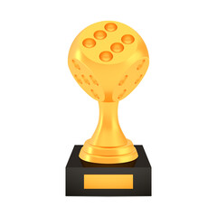 Winner dice cup award on stand with empty plate, golden trophy logo isolated on white background