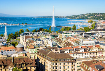 Aerial view over the rooftops of the Geneva, Switzerland, the bay of Geneva and the Lake Geneva...