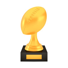 Winner american football cup award on stand with empty plate, golden trophy logo isolated on white background