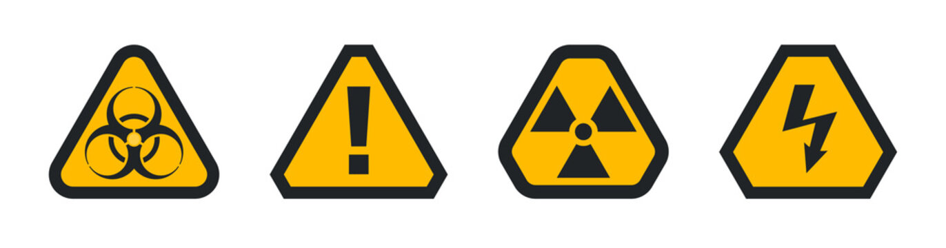 Set of hazard warning attention sign, biohazard radiation and high voltage