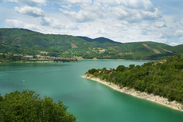 Naklejka na ściany i meble Lago di Turano (Turano lake) is beautiful turquoise artificial lake in Lazio Italy, an hour drive from Rome