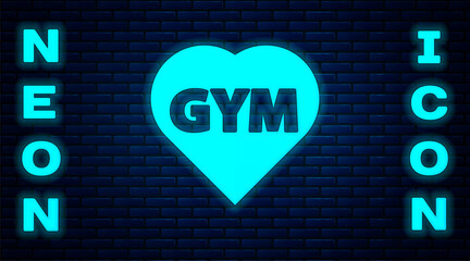 Glowing neon Fitness gym heart icon isolated on brick wall background. I love fitness. Vector.