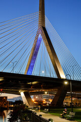 Boston, Massachusetts, USA  The Leonard P. Zakim Bunker Hill Memorial Bridge at night and the downtown.