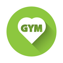 White Fitness gym heart icon isolated with long shadow. I love fitness. Green circle button. Vector.