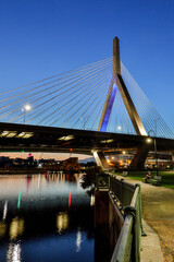 Boston, Massachusetts, USA  The Leonard P. Zakim Bunker Hill Memorial Bridge at night and the downtown.