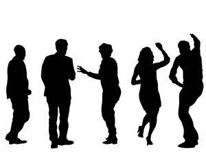 Young people are dancing in a nightclub. Isolated silhouettes on white background