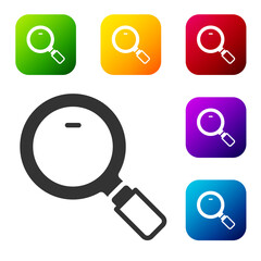 Black Magnifying glass icon isolated on white background. Search, focus, zoom, business symbol. Set icons in color square buttons. Vector.