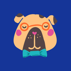 Pug dog face. Cute animal bulldog. Suitable as placeholder, avatar, kids t-shirt print, sticker, temporary tattoo, sublimation. Vector