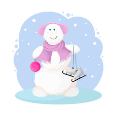 Snowman cartoon illustration. Funny character of a snowboy holding skates and wearing warm earmuffs and a scarf. New Year scene.