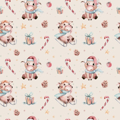 Watercolor cartoon cute Bull seamless pattern. Symbol of the year 2021. Funny Christmas background