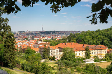 Fototapeta na wymiar Arial View of Prague from the hill. Tile roofs.