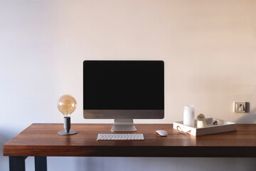 Minimalist home workplace. Table against the wall with a Scandinavian style lamp with trendy shades. Background