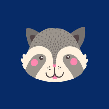Raccoon face. Cute animal. Kids cartoon style Suitable as placeholder, avatar, kids t-shirt print, sticker, temporary tattoo, sublimation. Vector illustration.