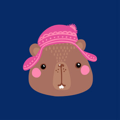 The face of a bear in a winter hat. Cute animal beaver. Kids cartoon style Suitable as placeholder, avatar, kids t-shirt print, sticker, temporary tattoo, sublimation. Vector illustration.