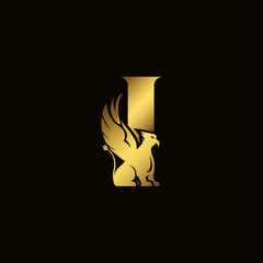 Griffin silhouette inside gold letter I. Heraldic symbol beast ancient mythology or fantasy. Creative design elements for logotype, emblem, monogram, icon or symbol for company, corporate, brand name.