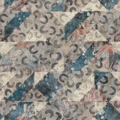 Chic formal grungy geometric shapes texture seamless pattern. High quality illustration. Strange abstract geo design in a trendy posh exotic style. Grainy fabric texture overlay.