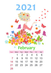 Calendar for 2021 February. beautiful girl with floral hairstyle