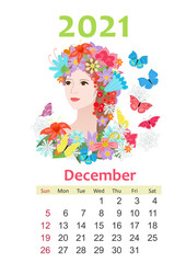 Calendar for 2021 December. beautiful girl with fancy blossom ha