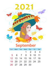 Calendar for 2021 September. beautiful girl holding umbrella loo
