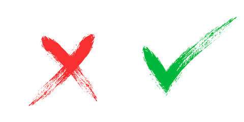 Tick and Cross sign elements. vector buttons for vote, election choice, check marks, approval signs design. Red X and green OK symbol icons check boxes. Check list marks, choice options, survey signs.