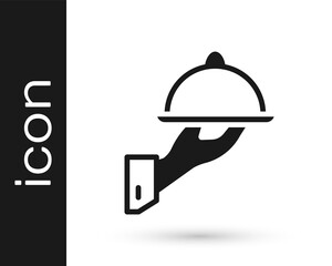 Black Covered with a tray of food icon isolated on white background. Tray and lid sign. Restaurant cloche with lid. Vector.