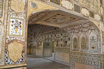 glass mosaic work in ceiling and wall sheesh mahal glass palace amber fort jaipur rajasthan 