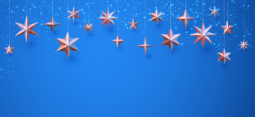Fototapeta na wymiar Hanging bronze stars on blue background.