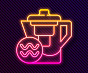 Glowing neon line Water jug with a filter icon isolated on black background. Vector Illustration.