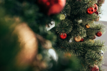 Fototapeta na wymiar colorful christmas balls on green pine