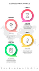 4 steps infographics with dialogs and charts. Vector circles template four parts used for diagram, business, workflow layout, presentations, flowchart, info graph, timeline, chart, processes diagram