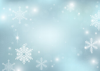 White snowflakes with blurred bokeh and sparkling light on blue background vector illustration