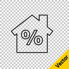 Black line House with percant discount tag icon isolated on transparent background. Real estate home. Credit percentage symbol. Vector Illustration.