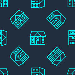 Green line House icon isolated seamless pattern on blue background. Home symbol. Vector Illustration.