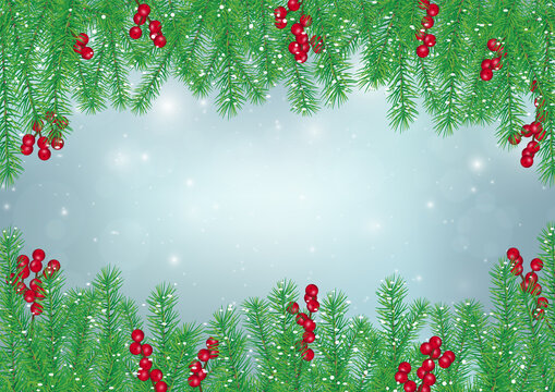 Pine leaves with holly berries frame on blue background, Christmas backdrop vector illusreation