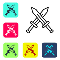 Black line Crossed medieval sword icon isolated on white background. Medieval weapon. Set icons in color square buttons. Vector.