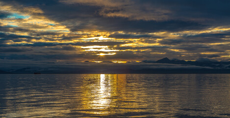 Panoramic view of the sea bay at sunset