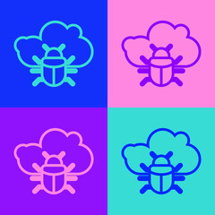Pop art line System bug on a cloud icon isolated on color background. Cloud computing design concept. Digital network connection. Vector.