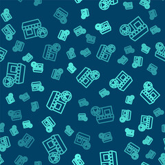 Green line Veterinary medicine hospital, clinic or pet shop for animals icon isolated seamless pattern on blue background. Vet or veterinarian clinic. Vector.