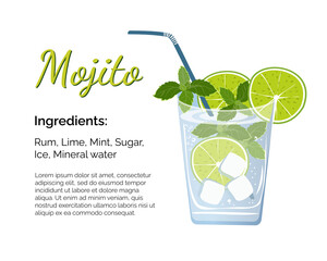 Mojito cocktail with place for ingredients and recipe on a white background. Cocktail card template. 