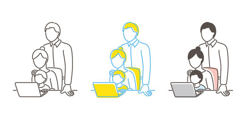 家族でパソコンをするイラスト