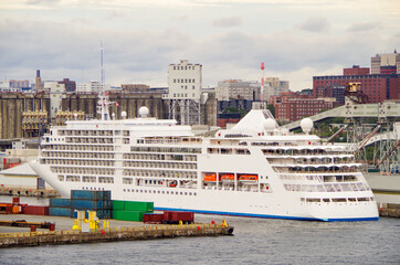 Luxury cruiseship or cruise ship liner yacht in port of Halifax, Nova Sotia in Canada during New...