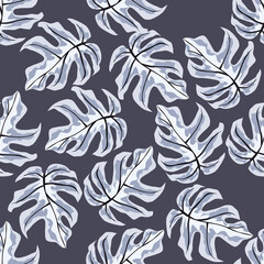 Random seamless pattern with doodle monstera silhouettes. Purple tones ornament. Palm exotic foliage artwork.