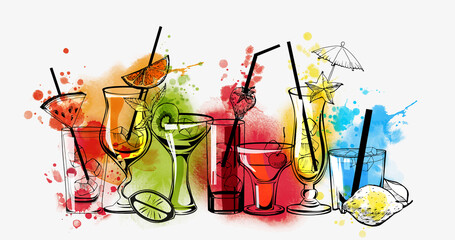 Cocktails banner. Watercolor vector cocktails. 